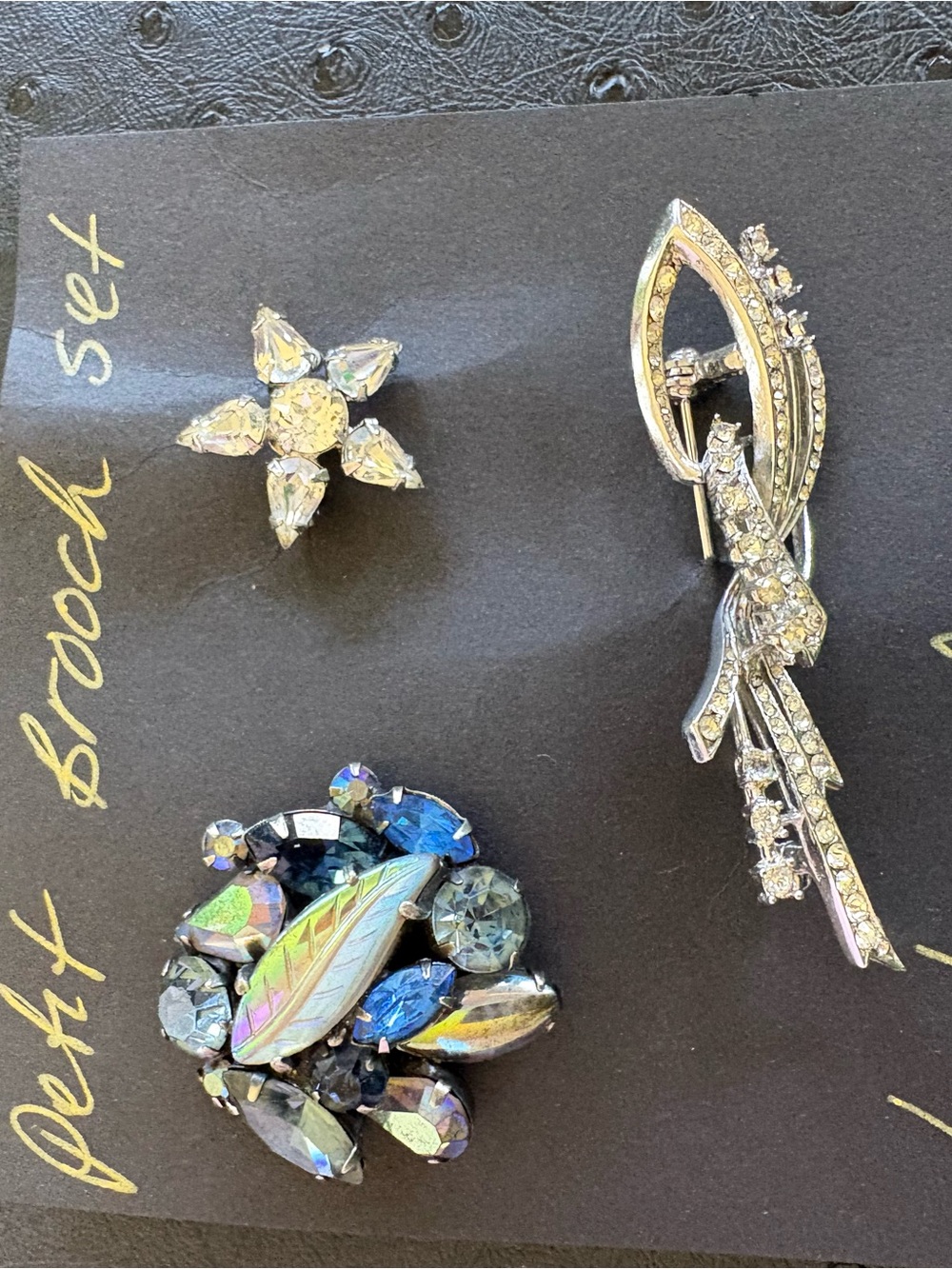 Vintage Crystal Accent Silver and Iridescent Brooch Set - Women Jewelry